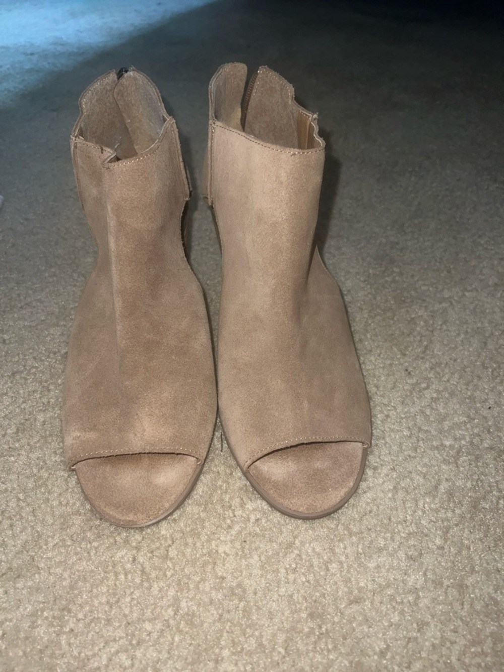 Lucky Brand Open-Toe Suede Ankle Booties in Taupe